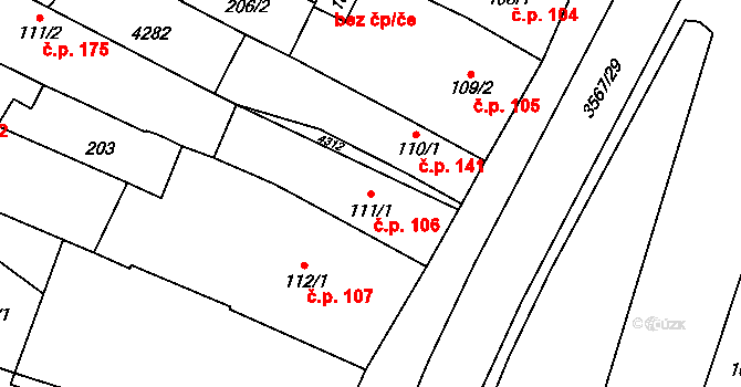 Lomnice nad Lužnicí 106 na parcele st. 111/1 v KÚ Lomnice nad Lužnicí, Katastrální mapa