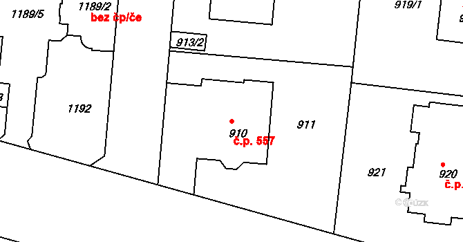 Střešovice 557, Praha na parcele st. 910 v KÚ Střešovice, Katastrální mapa