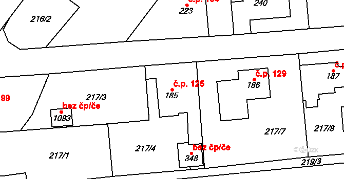 Podhůří 125, Vrchlabí na parcele st. 185 v KÚ Podhůří-Harta, Katastrální mapa