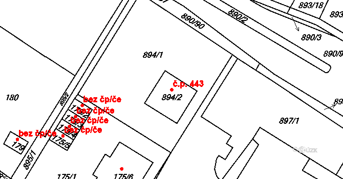 Křimice 443, Plzeň na parcele st. 894/2 v KÚ Křimice, Katastrální mapa
