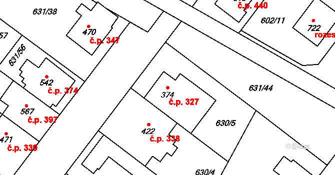 Držovice 327 na parcele st. 374 v KÚ Držovice na Moravě, Katastrální mapa