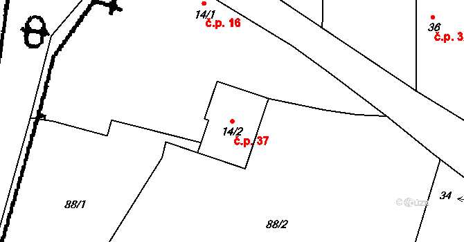 Debrník 37, Hlavatce na parcele st. 14/2 v KÚ Debrník, Katastrální mapa