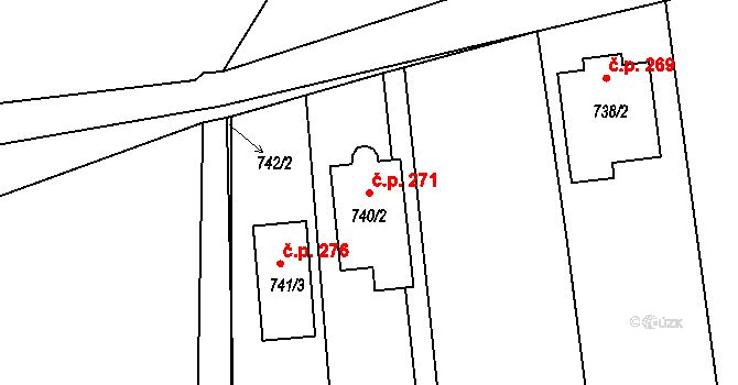 Hrušky 271 na parcele st. 740/2 v KÚ Hrušky u Brna, Katastrální mapa