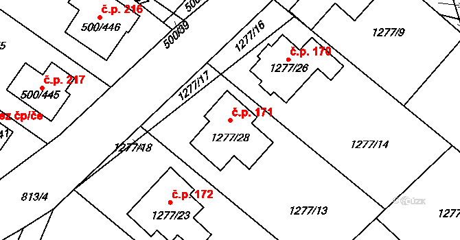 Nebovidy 171 na parcele st. 1277/28 v KÚ Nebovidy u Brna, Katastrální mapa
