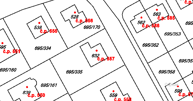 Květnice 557 na parcele st. 632 v KÚ Květnice, Katastrální mapa