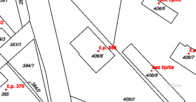 Měřín 553 na parcele st. 406/6 v KÚ Měřín, Katastrální mapa