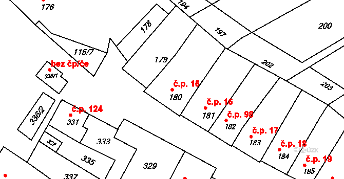 Milešovice 15 na parcele st. 180 v KÚ Milešovice, Katastrální mapa