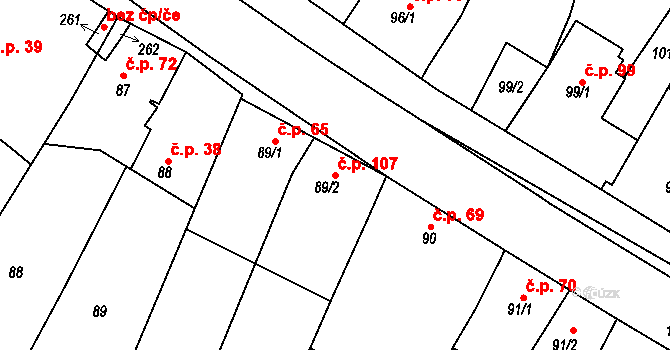 Milonice 107 na parcele st. 89/2 v KÚ Milonice, Katastrální mapa