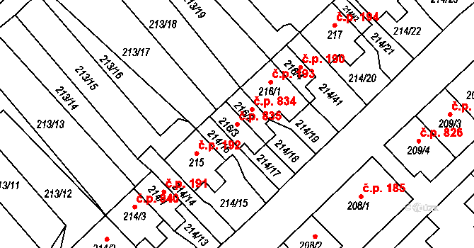 Lom 835 na parcele st. 216/3 v KÚ Lom u Mostu, Katastrální mapa