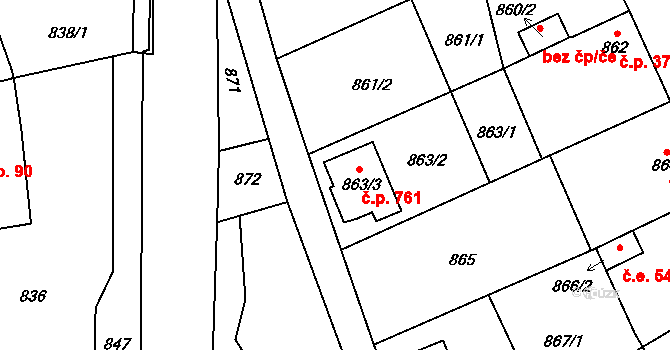 Jedovnice 761 na parcele st. 863/3 v KÚ Jedovnice, Katastrální mapa