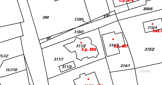 Průhonice 565 na parcele st. 311/2 v KÚ Průhonice, Katastrální mapa
