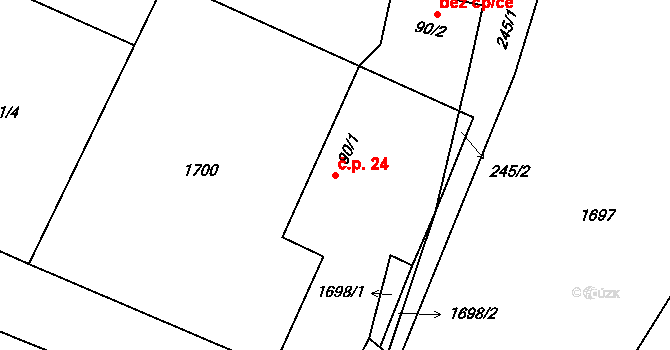 Dolní Ředice 24 na parcele st. 90/1 v KÚ Dolní Ředice, Katastrální mapa