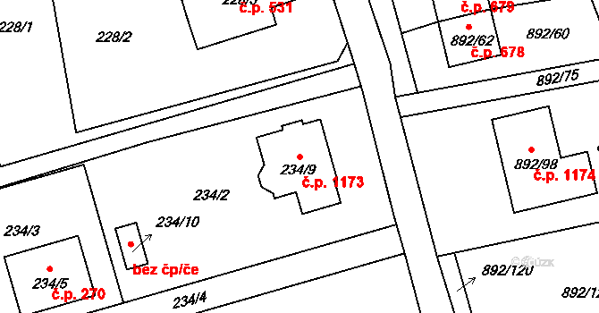 Srubec 1173 na parcele st. 234/9 v KÚ Srubec, Katastrální mapa