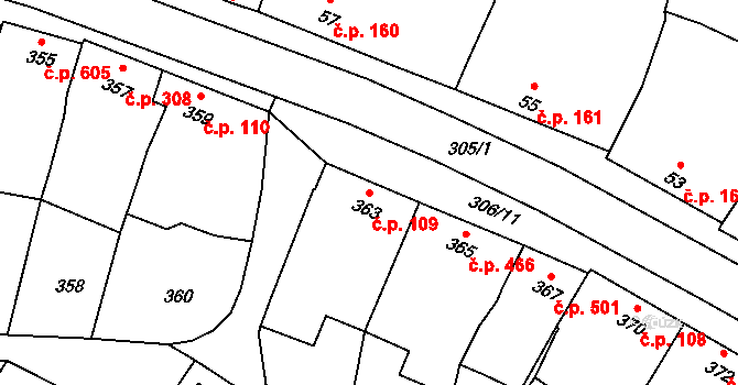 Klobouky u Brna 109 na parcele st. 363 v KÚ Klobouky u Brna, Katastrální mapa