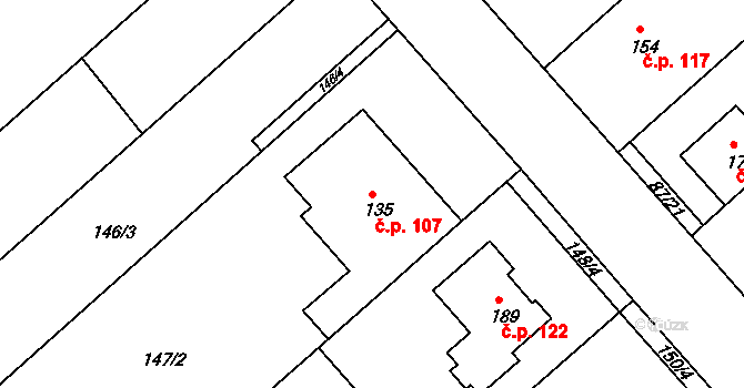Šelešovice 107 na parcele st. 135 v KÚ Šelešovice, Katastrální mapa