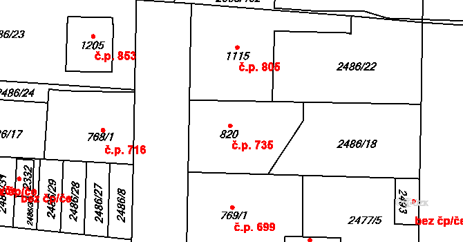 Dobřany 735 na parcele st. 820 v KÚ Dobřany, Katastrální mapa