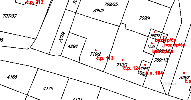 Těšetice 113 na parcele st. 710/2 v KÚ Těšetice u Znojma, Katastrální mapa