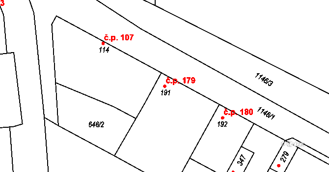 Hořátev 179 na parcele st. 191 v KÚ Hořátev, Katastrální mapa