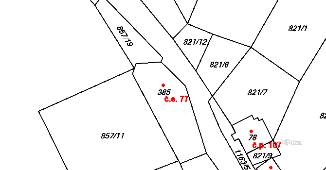 Horní Blatná 77 na parcele st. 385 v KÚ Horní Blatná, Katastrální mapa