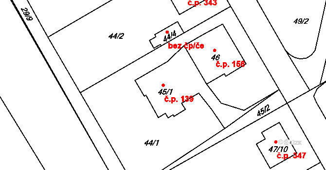 Lyžbice 139, Třinec na parcele st. 45/1 v KÚ Lyžbice, Katastrální mapa