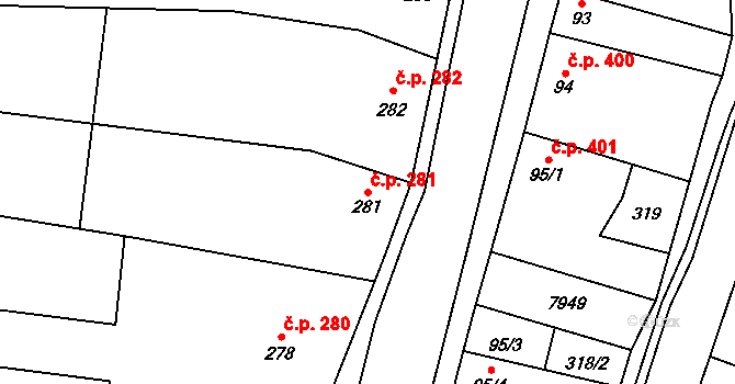 Dambořice 281 na parcele st. 281 v KÚ Dambořice, Katastrální mapa