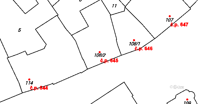Loučany 645 na parcele st. 108/2 v KÚ Loučany na Hané, Katastrální mapa