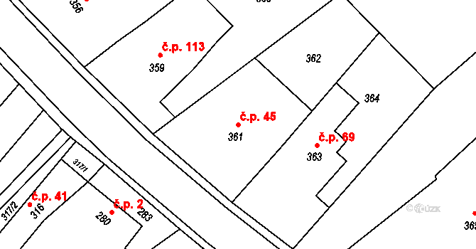 Žerotín 45 na parcele st. 361 v KÚ Žerotín, Katastrální mapa