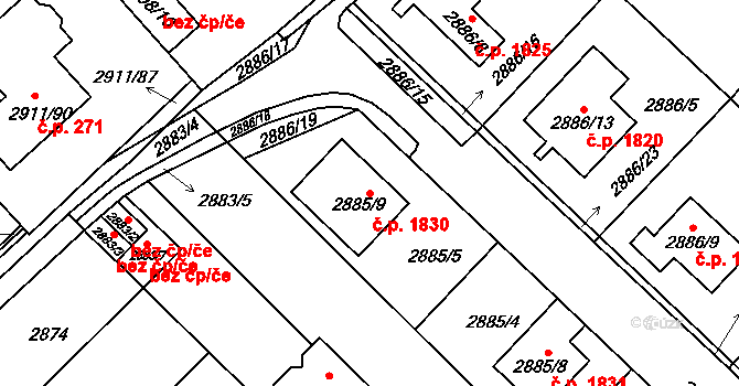 Roudnice nad Labem 1830 na parcele st. 2885/9 v KÚ Roudnice nad Labem, Katastrální mapa