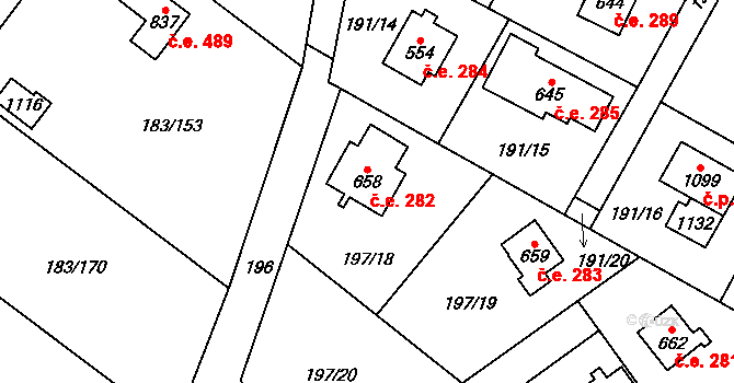 Svojetice 282 na parcele st. 658 v KÚ Svojetice, Katastrální mapa