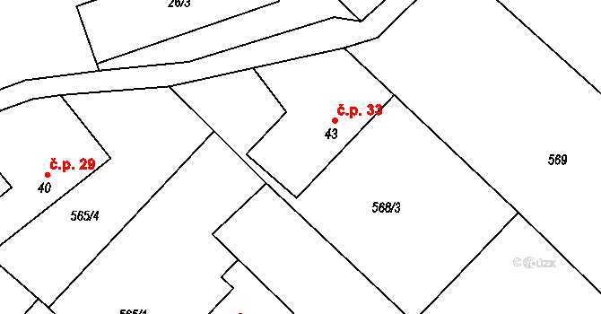 Popůvky 33 na parcele st. 43 v KÚ Popůvky nad Jihlavou, Katastrální mapa