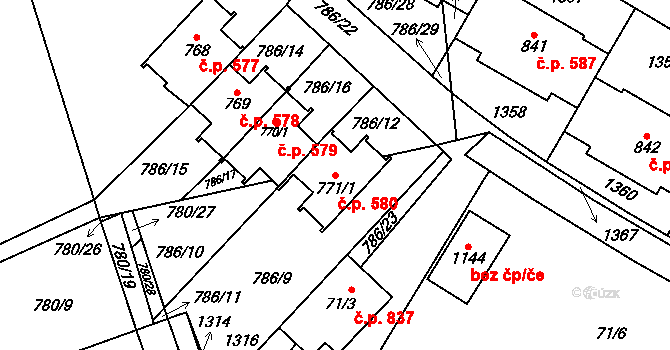 Veltrusy 580 na parcele st. 771/1 v KÚ Veltrusy, Katastrální mapa
