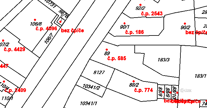 Hodonín 585 na parcele st. 89 v KÚ Hodonín, Katastrální mapa