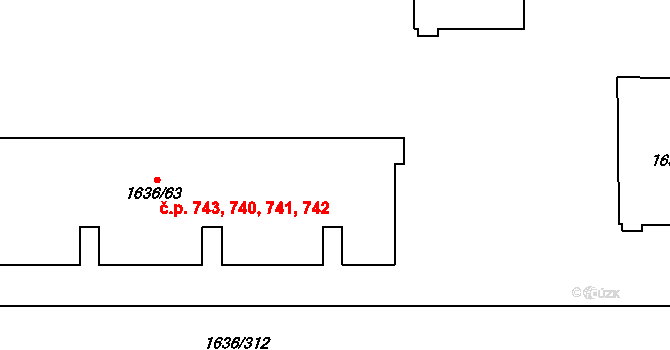 Teplické Předměstí 740,741,742,743, Bílina na parcele st. 1636/63 v KÚ Bílina, Katastrální mapa