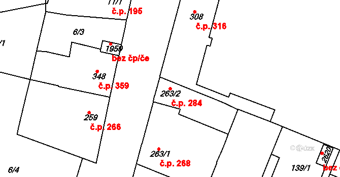 Rosice 284 na parcele st. 263/2 v KÚ Rosice u Brna, Katastrální mapa
