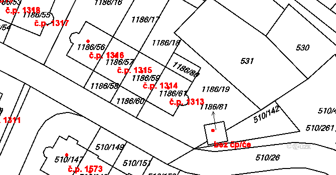 Hostivice 1313 na parcele st. 1186/61 v KÚ Hostivice, Katastrální mapa