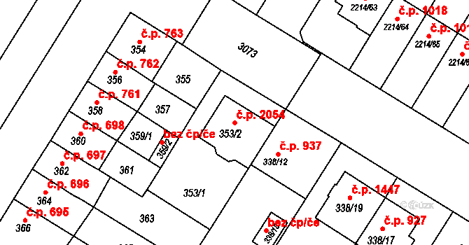 Bolevec 2054, Plzeň na parcele st. 353/2 v KÚ Bolevec, Katastrální mapa