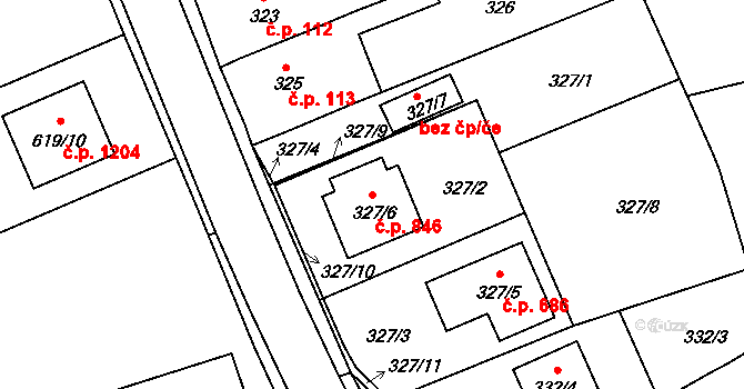Srubec 846 na parcele st. 327/6 v KÚ Srubec, Katastrální mapa