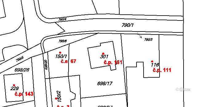 Škrdlovice 151 na parcele st. 301 v KÚ Škrdlovice, Katastrální mapa