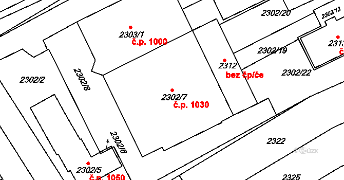 Nivnice 1030 na parcele st. 2302/7 v KÚ Nivnice, Katastrální mapa