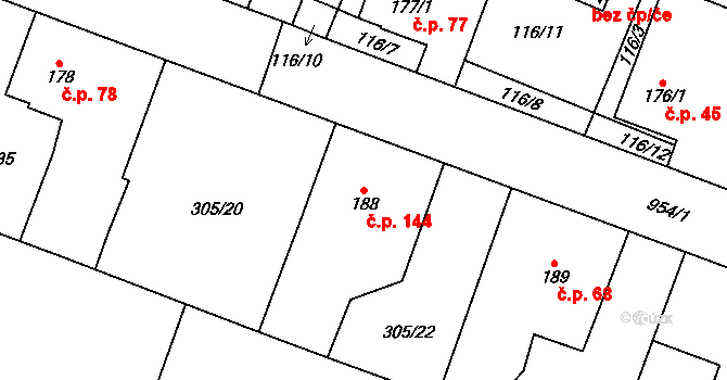 Tuněchody 144 na parcele st. 188 v KÚ Tuněchody, Katastrální mapa