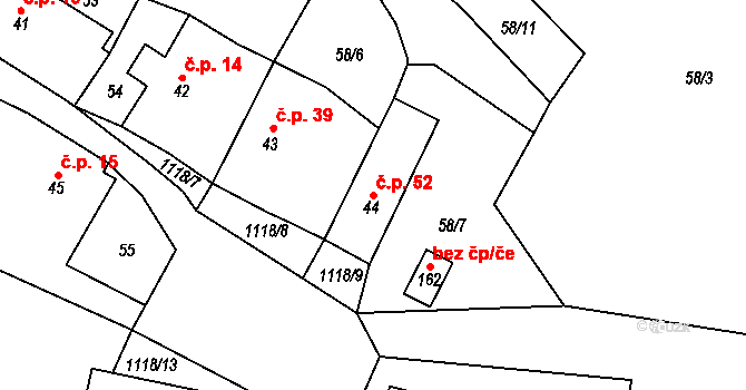 Vranovice 52, Břasy na parcele st. 44 v KÚ Vranovice u Břas, Katastrální mapa