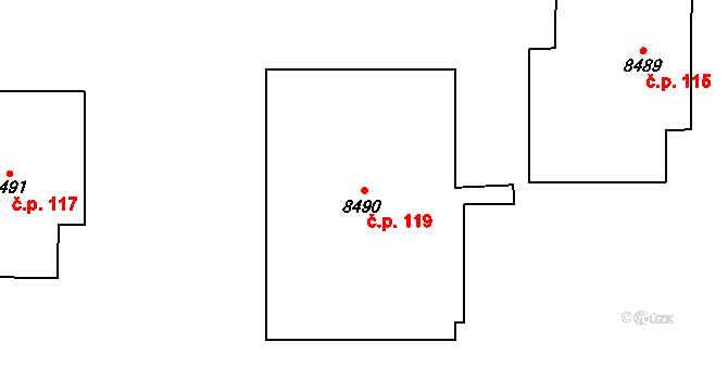 Cihelna 119, Pardubice na parcele st. 8490 v KÚ Pardubice, Katastrální mapa