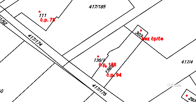 Lubina 156, Kopřivnice na parcele st. 136/1 v KÚ Drnholec nad Lubinou, Katastrální mapa