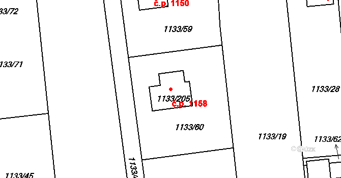 Vejprnice 1158 na parcele st. 1133/205 v KÚ Vejprnice, Katastrální mapa