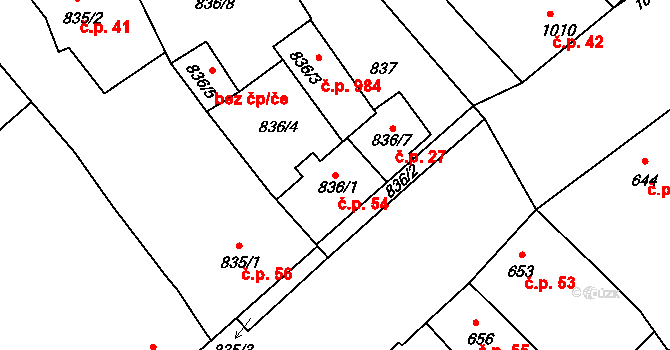 Valtice 54 na parcele st. 836/1 v KÚ Valtice, Katastrální mapa