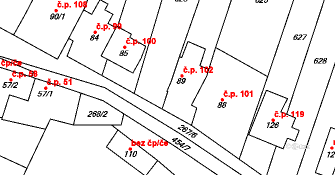 Hrochov 102, Lipová na parcele st. 89 v KÚ Hrochov, Katastrální mapa