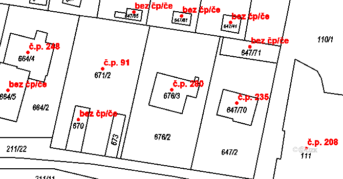 Hodonice 280 na parcele st. 676/3 v KÚ Hodonice, Katastrální mapa