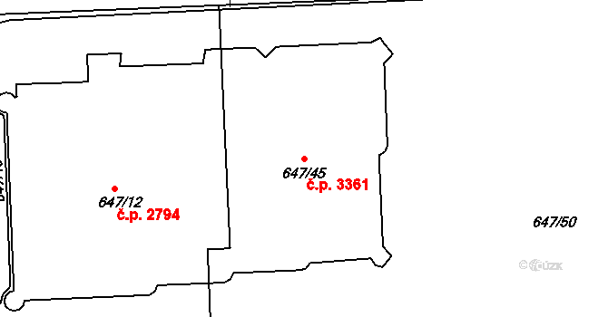 Znojmo 3361 na parcele st. 647/45 v KÚ Znojmo-Louka, Katastrální mapa