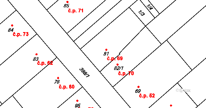 Věžky 69 na parcele st. 81 v KÚ Věžky u Přerova, Katastrální mapa