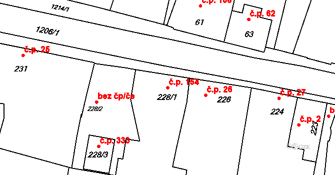 Hustopeče nad Bečvou 154 na parcele st. 228/1 v KÚ Hustopeče nad Bečvou, Katastrální mapa